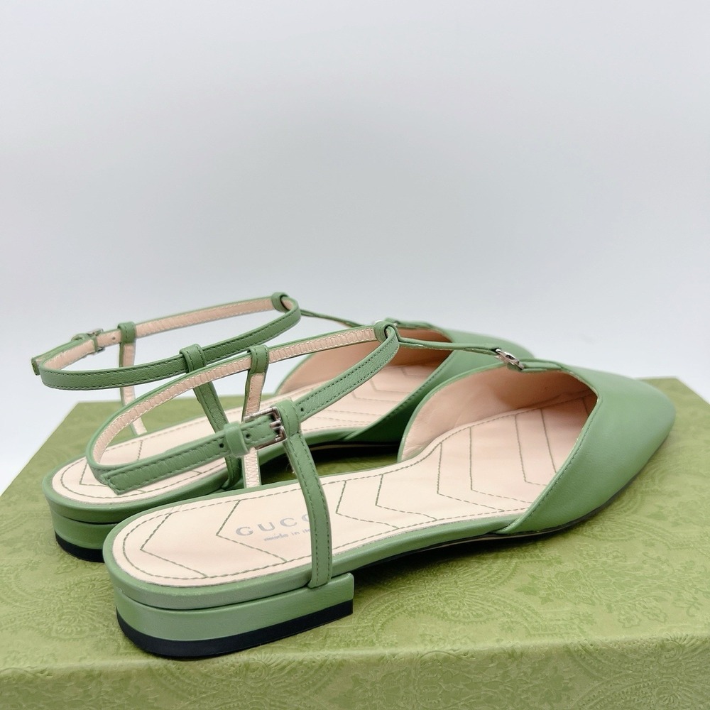 GUCCI Women Ballet Flat DOUBLE G INTERLOCKING LOGO Slingback Green Leather EU 36 - Picture 6 of 11